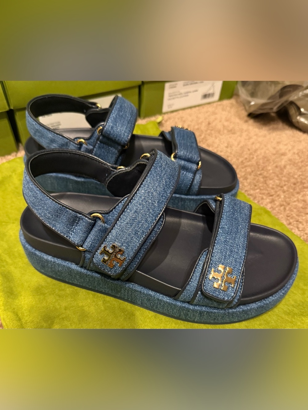 Tory Burch Denim Platform Sandals with Gold Logo Accents - Light Blue